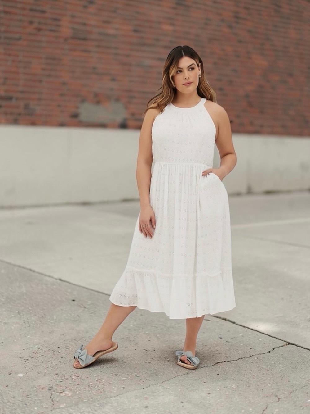 Torrid Halter Ruffle Eyelet Tiered Midi Dress White Voile Sundress Plus Size 6